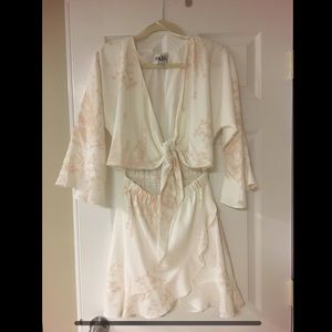 White & Beige/Pink Tie Up Dress